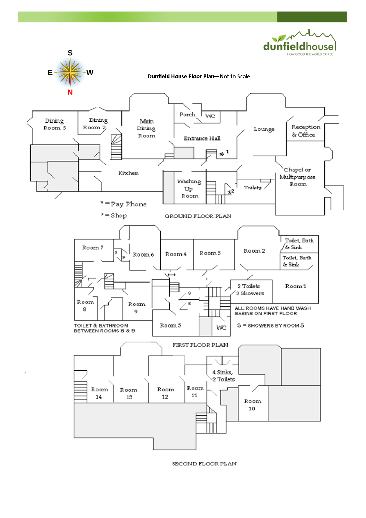 This floor plan gives an overview of the three floors at Dunfield. The ground floor communal rooms with the first and second floor bedroom layout